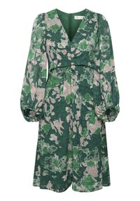Robe fleurie verte avec de longues manches bouffantes, un décolleté en V, une taille froncée et un tissu doux et léger ornés de motifs roses et verts discrets.