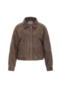 Giacca corta in suede marrone con colletto, zip frontale e tasche laterali. Presenta un design strutturato con vita arricciata e polsini elastici.