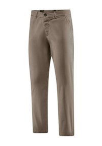Pantaloni khaki realizzati in un tessuto liscio, con una vestibilità classica, zip frontale e due tasche anteriori. Dettagli cuciti lungo le cuciture.