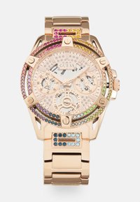 Orologio in rosé con bracciale in metallo, caratterizzato da un quadrante con bezels incastonati di cristalli e pietre multicolori. Quadranti cronografi. Design elegante.