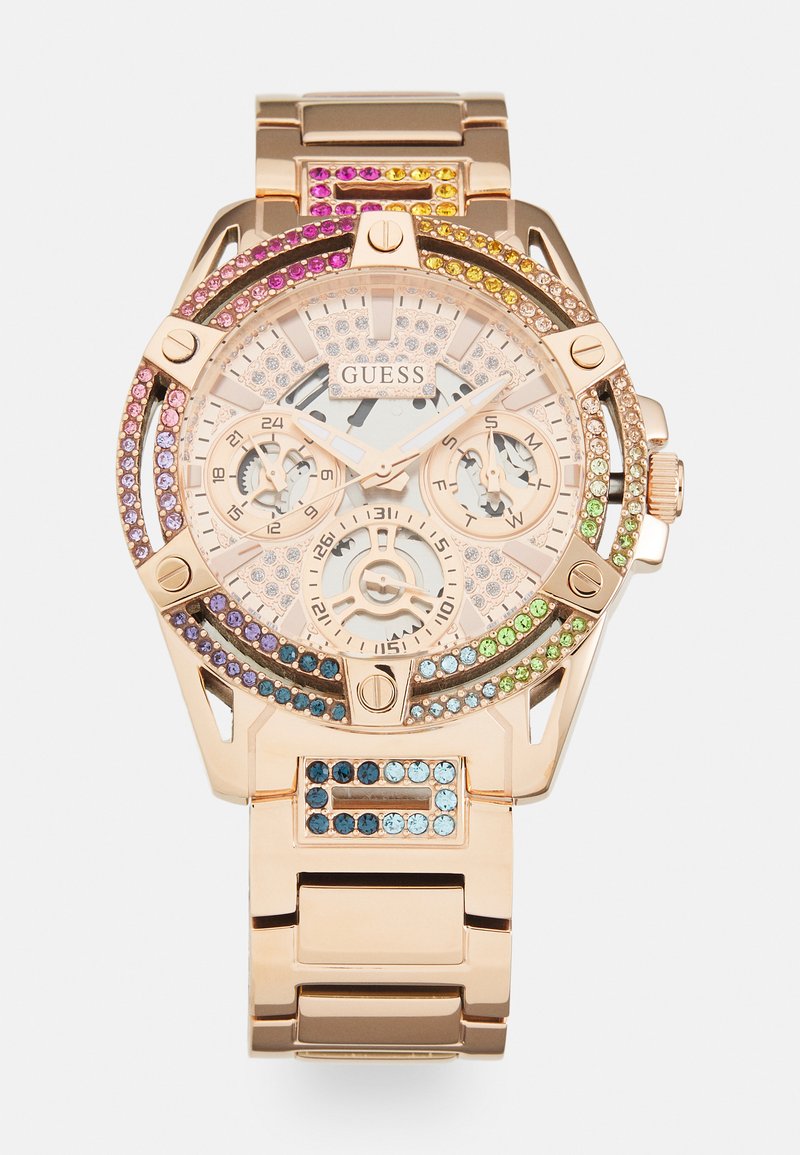 Orologio in rosé con bracciale in metallo, caratterizzato da un quadrante con bezels incastonati di cristalli e pietre multicolori. Quadranti cronografi. Design elegante.