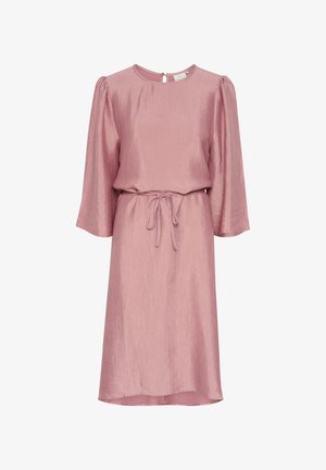 Ružová, po kolená dlhá sukňa s textúrovanou, hodvábnou tkaninou. Má okrúhly výstrih, dlhé rukávy a opasok na viazanie v páse.