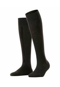 Tot de knie hoge zwarte sokken van een zachte, gewoven stof, met een versterkte neus en een gladde afwerking, geschikt voor formele of casual kleding.
