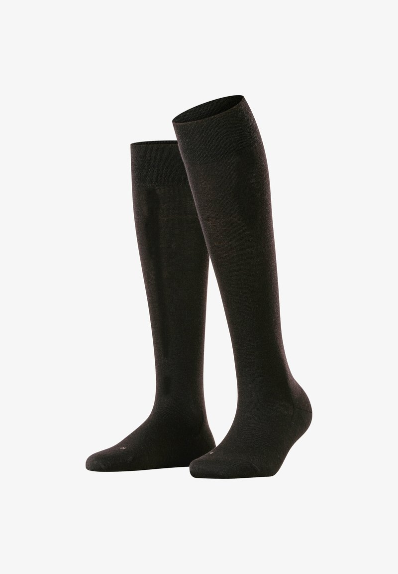 Knielange schwarze Socken aus einem weichen, strukturierten Stoff, mit verstärkter Zehenpartie und glatter Oberfläche, geeignet für formelle oder legere Anlässe.