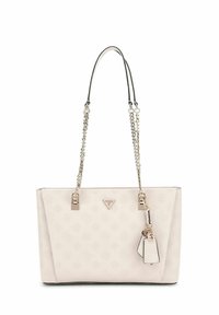 Borsa tote sintetica rosa chiaro con due manici a catena, dettagli con logo e motivo inciso. Forma rettangolare con un'etichetta rimovibile.