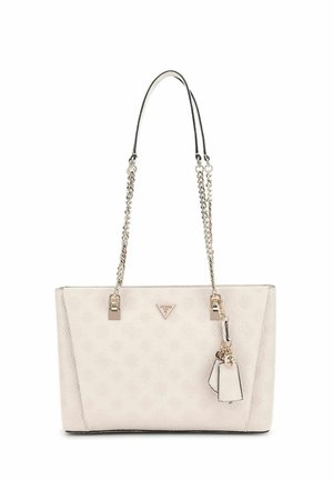 Borsa tote sintetica rosa chiaro con due manici a catena, dettagli con logo e motivo inciso. Forma rettangolare con un'etichetta rimovibile.