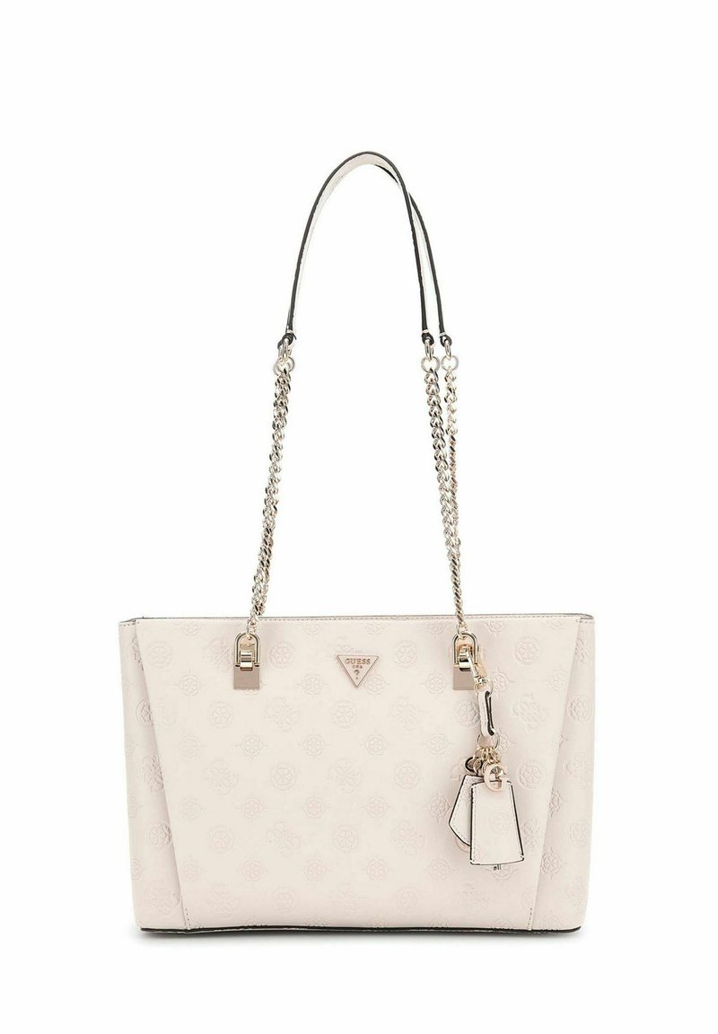 Borsa tote sintetica rosa chiaro con due manici a catena, dettagli con logo e motivo inciso. Forma rettangolare con un'etichetta rimovibile.