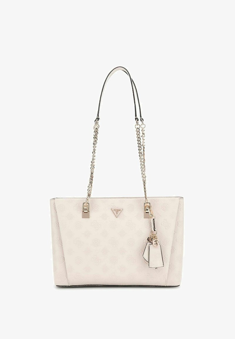 Borsa tote sintetica rosa chiaro con due manici a catena, dettagli con logo e motivo inciso. Forma rettangolare con un'etichetta rimovibile.