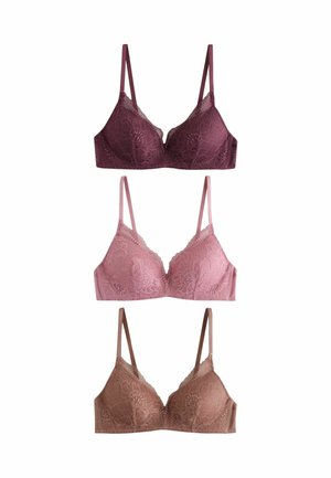 Three lace bras in dark purple, light pink, and light brown, arranged vertically on a white background.