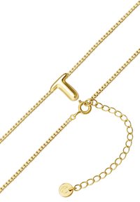 Aukso spalvos grandinėlė su T formos pakabuku. Su mažu apvaliu užsegimu ir reguliuojamu pailginimu su apvaliais žiedais.