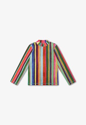 Langsleeve turtleneck top met verticale strepen in verschillende kleuren, waaronder groen, rood, blauw, geel en roze. Soepele textuur.