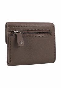 Brown leather wallet with a textured finish, featuring a zippered compartment and stitching details along the edges.
