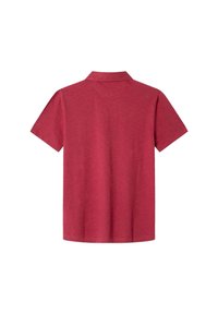 Kortärmad polo i melerad röd tyg, med klassisk krage och enhetlig design. Slät textur och rak skärning i fållen.