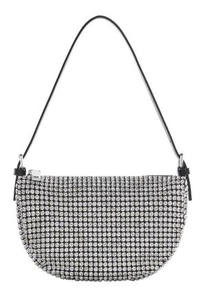 Czarna torebka pokryta srebrnymi kryształkami, o zaokrąglonym kształcie, z pojedynczym paskiem i zapięciem po jednej stronie.