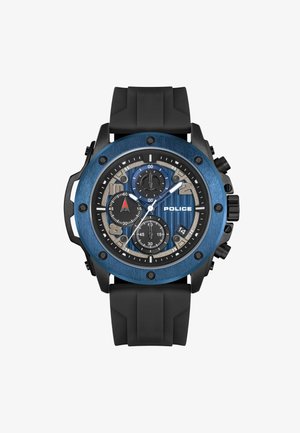 Chronograph-Uhr mit blauem Metallrand, schwarzem Gummiband und mehrschichtiger Ziffernblatt, das silberne Akzente und drei subdials zeigt.