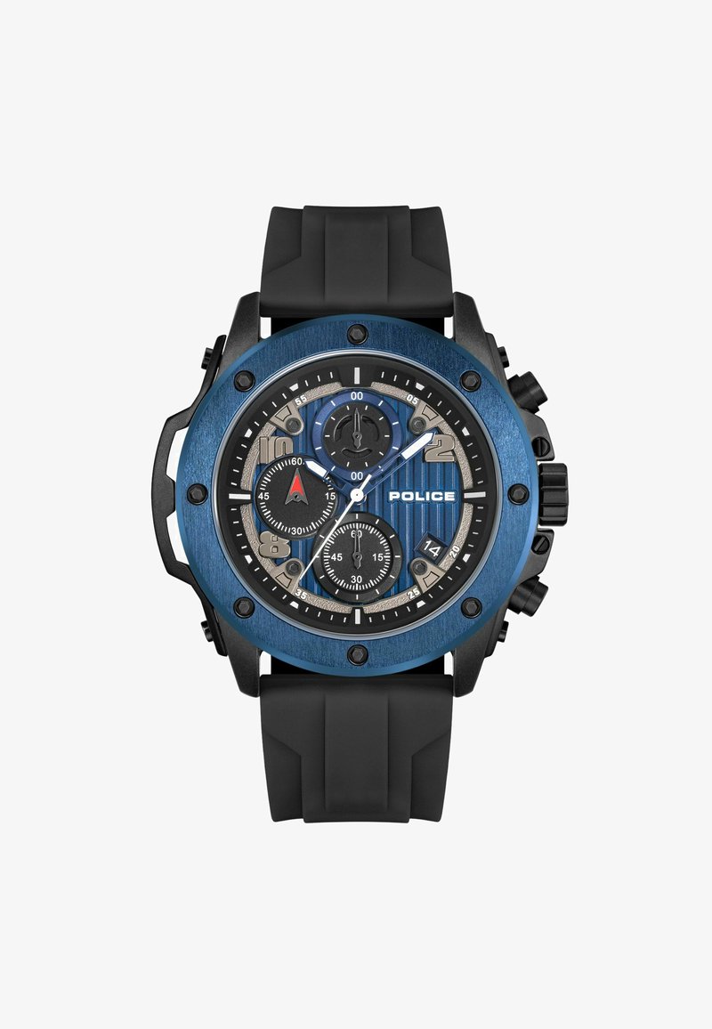 Chronograafhorloge met een blauwe metallic bezel, zwarte rubberen band en een gelaagde wijzerplaat met zilveren accenten en drie subdials.