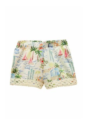 Pantaloni scurți pentru copii cu talie elastică, având imprimeu tropical colorat cu palmieri, bărci cu pânze și scene de plajă, decorați cu dantelă crem.