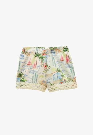 Børneshorts med elastisk talje, med farverigt tropisk print af palmer, sejlbåde og strandscener, kantet med cremefarvet blonder.