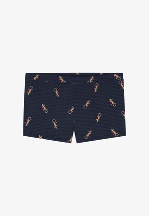 Marineblauwe zwembroek met een patroon van groene en oranje hagedissen, ontworpen met een zachte textuur en een elastische tailleband.