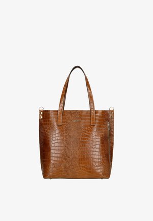 Borsa a tracolla marrone con motivo a coccodrillo, dotata di due manici, tasca con zip sul lato e fondo piatto per stabilità. Texture liscia e finitura lucida.