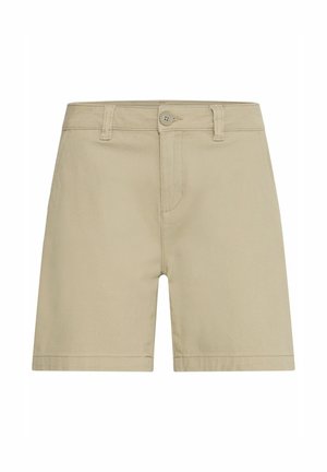 Beige cotton shorts with a fitted waist, button closure, and stitched hems. Features a smooth texture and classic straight cut design.