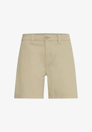 Beige cotton shorts with a fitted waist, button closure, and stitched hems. Features a smooth texture and classic straight cut design.
