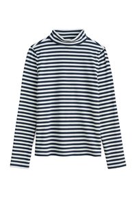 Majica dugih rukava s turtleneck iz ribane tkanine u mornarsko plavoj i bijeloj prugastoj kombinaciji, s visokim ovratnikom i ravnim rubom.