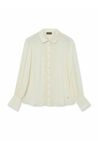 Cremefarbene Bluse aus weichem Stoff mit einem runden Kragen, Knopfleiste und Spitzenverzierungen entlang der Mitte. Lange Ärmel mit Manschetten.
