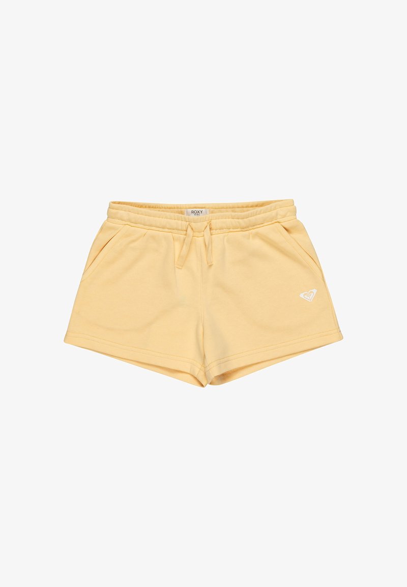 Pantalones cortos de algodón amarillos con cintura elástica, cordón, dos bolsillos laterales y un acento de logo blanco en la pierna izquierda.