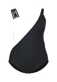 Maillot de bain une pièce avec un design diagonal noir et blanc, comportant des bretelles fines et un matériau lisse et extensible.