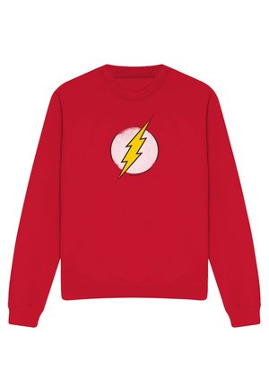 Rotes Sweatshirt mit langen Ärmeln mit einem weißen Kreis und einem gelben Blitzsymbol, zentriert auf der Brust.