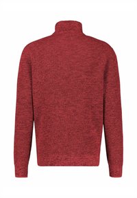 Roter Pullover mit Struktur, hohem Kragen, langen Ärmeln und lockerem Sitz. Das Material zeigt ein durchgängiges gewebtes Muster.