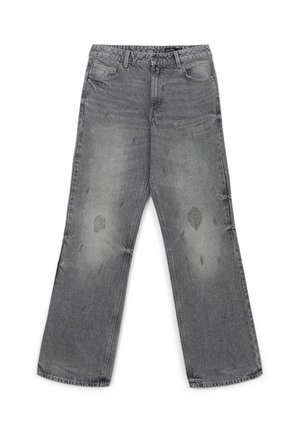 Jeans in denim grigio con vestibilità comoda, caratterizzati da un lavaggio sbiadito, leggere abrasioni, cinque tasche e chiusura a zip. Design a gamba larga.