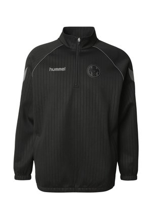 Černá sportovní bunda na zip s vysokým límcem, svislé pruhy, šedé doplňky a kulaté logo na hrudi.