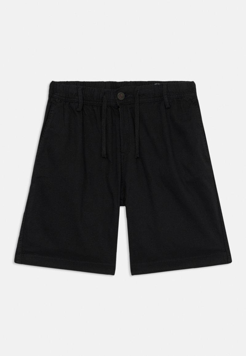 Svarta shorts i lättviktsmaterial, med elastisk midja, snörning och knappstängning. Enkelt design med sidofickor.