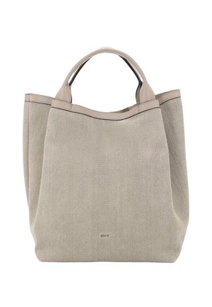 Hellbeige Stofftasche mit Struktur, glattem Lederbesatz und Doppelnähten, mittlere Größe, offenes Oberteil ohne Reißverschluss.