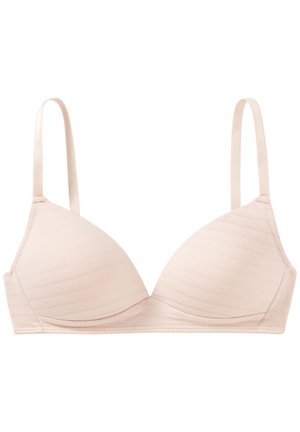 Heller beige gepolsterter BH mit glatter Textur, dreieckigen Cups und verstellbaren Trägern. Nahtloses Design ohne sichtbare Metallakzente.