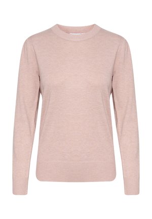 Pull rose clair avec un col rond, des manches longues, des poignets et un ourlet côtelés, fabriqué dans un matériau tricoté doux. Design simple et minimal.