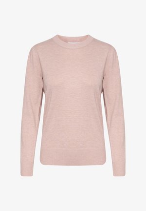 Heled roosa sviiter ümarate kaelustega, pikkade varrukatega, ribakujuliste mansettide ja hemiga, valminud pehmest kudumaterjalist. Lihtne ja minimaalne disain.