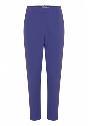 Violetas, sašaurinātas bikses ar elastīgu jostu, kurām ir gluda tekstūra un minimāls šuvju skaits. Piemērotas ikdienas vai vieglai oficiālai apģērba valkāšanai.
