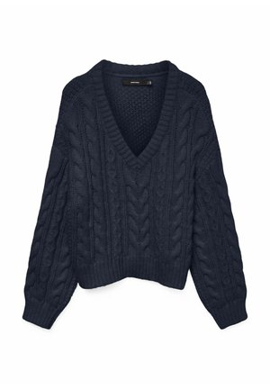Pull en maille bleu marine avec un col en V, orné de motifs en câble, de poignets côtelés et d'un ourlet court. Fabriqué en fil épais et texturé.