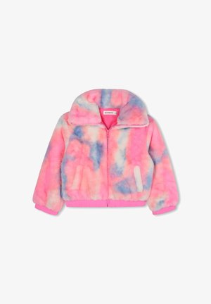 Faux fur jas met een roze en blauwe tie-dye patroon, ritssluiting, staande kraag en elastische manchetten en zoom. Inclusief twee zakken aan de voorkant.