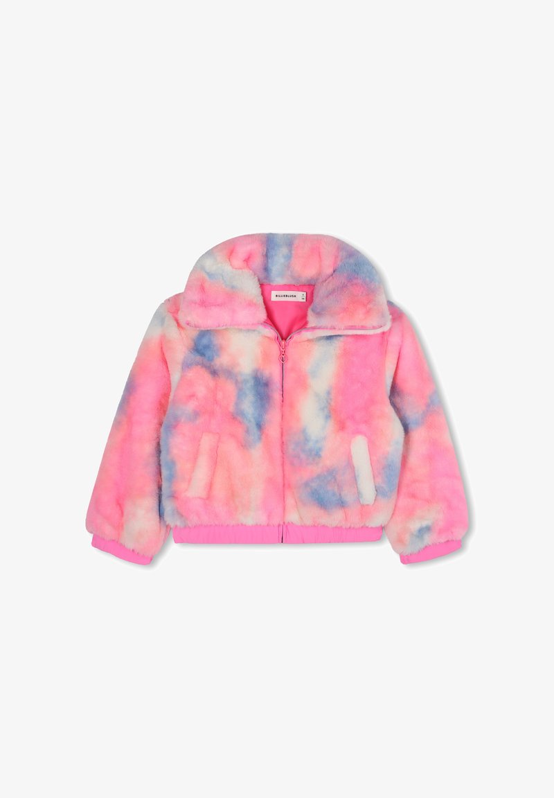 Kurtka z sztucznego futra z różowo-niebieskim wzorem tie-dye, z zapięciem na zamek, kołnierzem stojącym oraz elastycznymi mankietami i dołem. Zawiera dwie przednie kieszenie.
