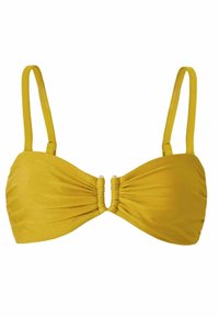 Žltý bikiny top s nastaviteľnými ušami, zúženým dizajnom v strede a metalickými akcentmi na prednej strane. Hladká textúra látky.
