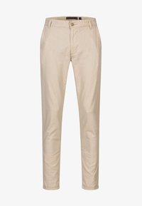 Beige, lichtgewicht broek met een gladde textuur, standaard tailleband, steekzakken aan de voorkant en een enkele knoopsluiting.
