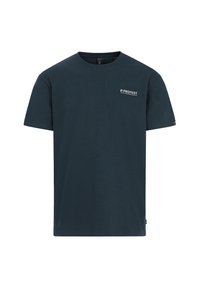 Marineblauwe katoenen t-shirt met korte mouwen, ronde halslijn en een klein "PROTEST" logo op de borst. Gladde textuur, casual ontwerp.