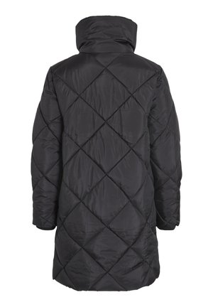 Palton lung negru matlasat cu guler înalt, având un model cu diamante și buzunare laterale. Fabricat dintr-un material neted și ușor.
