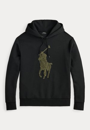 Sweat à capuche noir avec un grand joueur de polo vert brodé à cheval centré sur le devant, avec capuche à cordon et poignets en côte.
