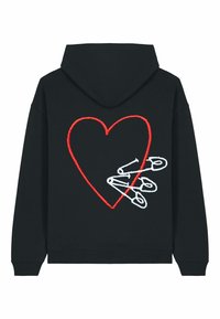 Felpa nera con cappuccio caratterizzata da un design a cuore ricamato di colore rosso, con tre spille di sicurezza bianche integrate. Tessuto morbido con polsini a coste.