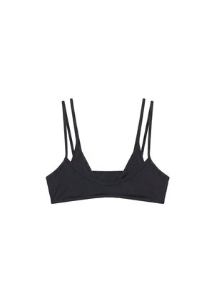 Schwarzes Bralette mit doppelten dünnen Schulterträgern und einem U-förmigen Ausschnitt, entwickelt für leichten Halt und legere Verwendung.